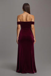 Burgunderrotes Schulterfreies Langes Ballkleid aus Samt mit Schlitz